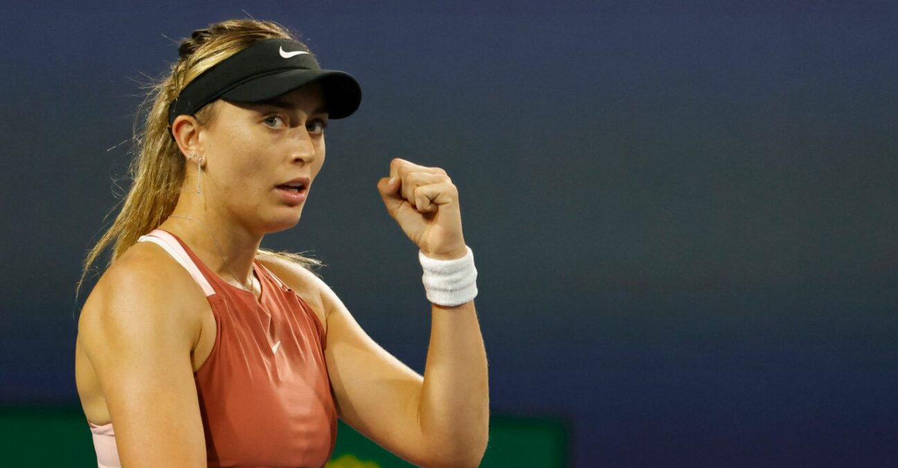 Paula Badosa reacts during her fourth round women's singles match in the Miami Open at Hard Rock Stadium.