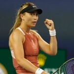 Paula Badosa reacts during her fourth round women's singles match in the Miami Open at Hard Rock Stadium.