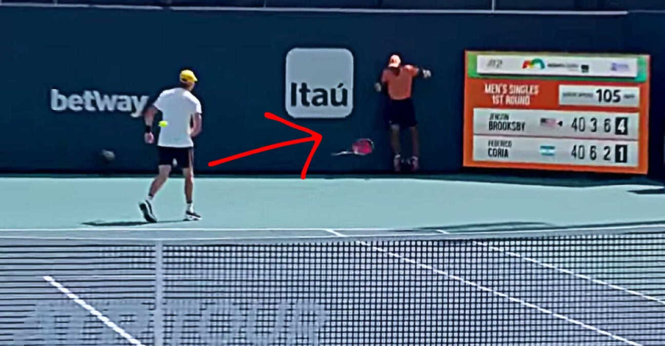 Brooksby throwing racquet in Miami