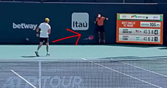 Brooksby throwing racquet in Miami