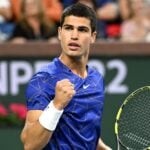 Carlos Alcaraz (ESP) in his quarterfinal match at the BNP Paribas Open at the Indian Wells Tennis Garden.