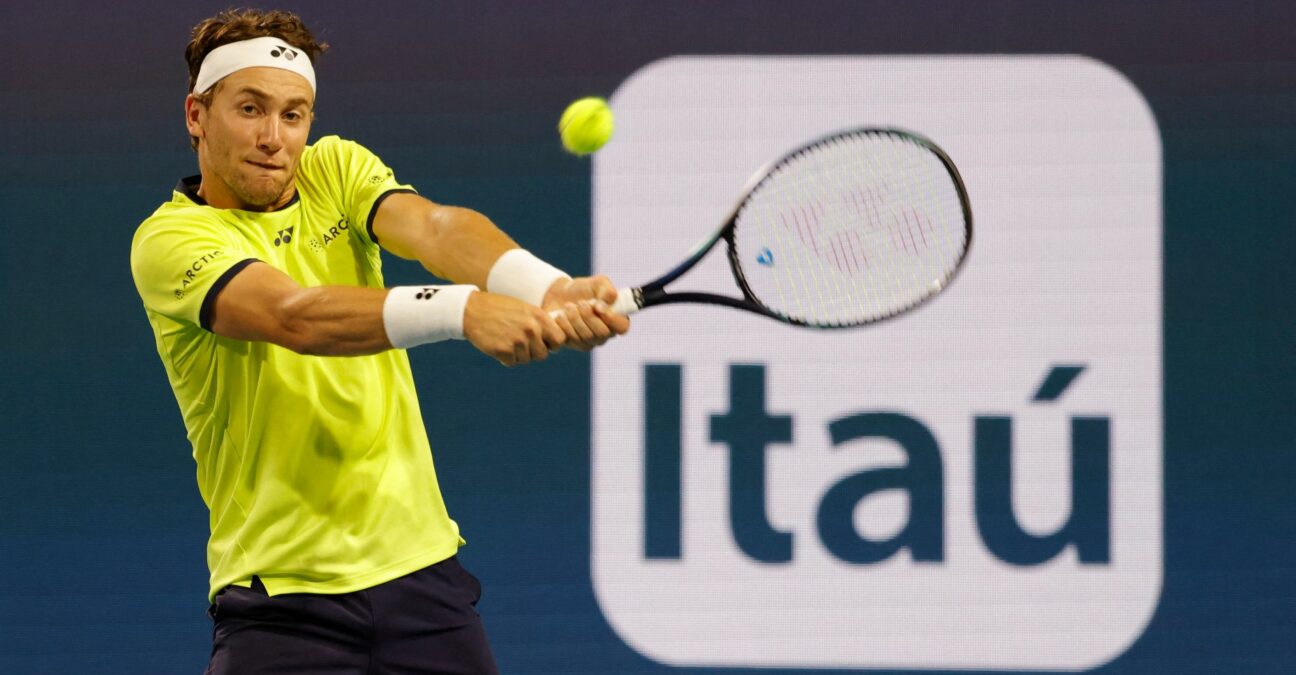 Casper Ruud (NOR) hits a backhand during his men's singles quarterfinal match in the Miami Open at Hard Rock Stadium.