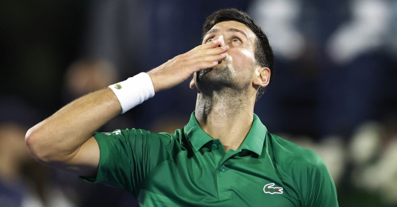 Serbia's Novak Djokovic celebrates winning his second round match at the Dubai Tennis Championships