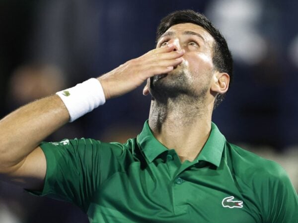 Serbia's Novak Djokovic celebrates winning his second round match at the Dubai Tennis Championships