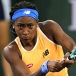 Coco Gauff (USA) hits a shot in her third round match against Simona Halep (ROU) at the BNP Paribas Open at the Indian Wells