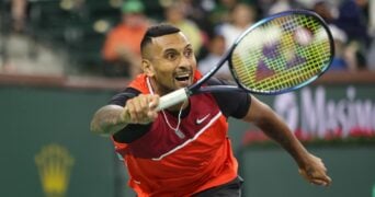 Nick Kyrgios (AUS) hits a forehand during the BNP Paribas Open on March 11, 2022 at Indian Wells Tennis Garden in Indian Wells,