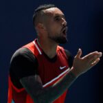Nick Kyrgios argues with chair umpire Carlos Bernardes after being assessed a point penalty during his fourth round match in the Miami Open at Hard Rock Stadium.