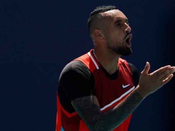 Nick Kyrgios argues with chair umpire Carlos Bernardes after being assessed a point penalty during his fourth round match in the Miami Open at Hard Rock Stadium.