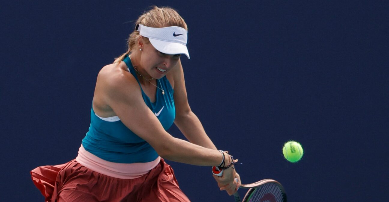 Linda Fruhvirtova (CZE) hits a backhand during her second round women's match in the Miami Open at Hard Rock Stadium.