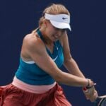Linda Fruhvirtova (CZE) hits a backhand during her second round women's match in the Miami Open at Hard Rock Stadium.