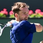 Daniil Medvedev hits a shot in his 2nd round match at the BNP Paribas open at the Indian Wells Tennis Garden.