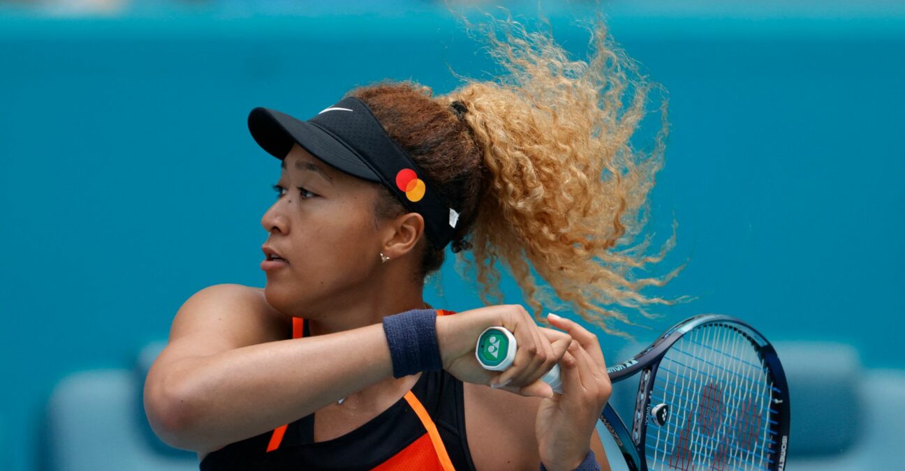 Naomi Osaka hits a forehand at the Miami Open at Hard Rock Stadium.