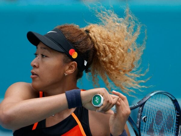 Naomi Osaka hits a forehand at the Miami Open at Hard Rock Stadium.