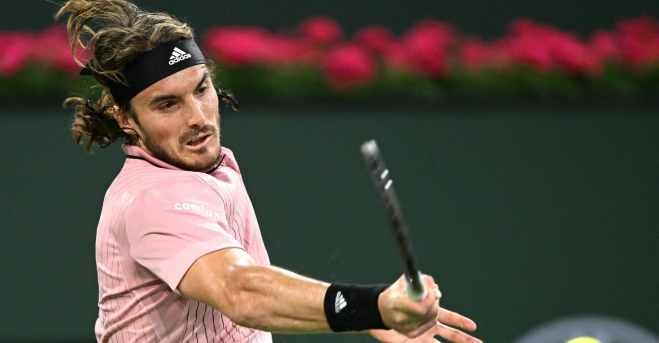 Stefanos Tsitsipas (GRE) hits a shot in his third round match during the BNP Paribas Open at the Indian Wells Tennis Garden.