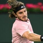Stefanos Tsitsipas (GRE) hits a shot in his third round match during the BNP Paribas Open at the Indian Wells Tennis Garden.