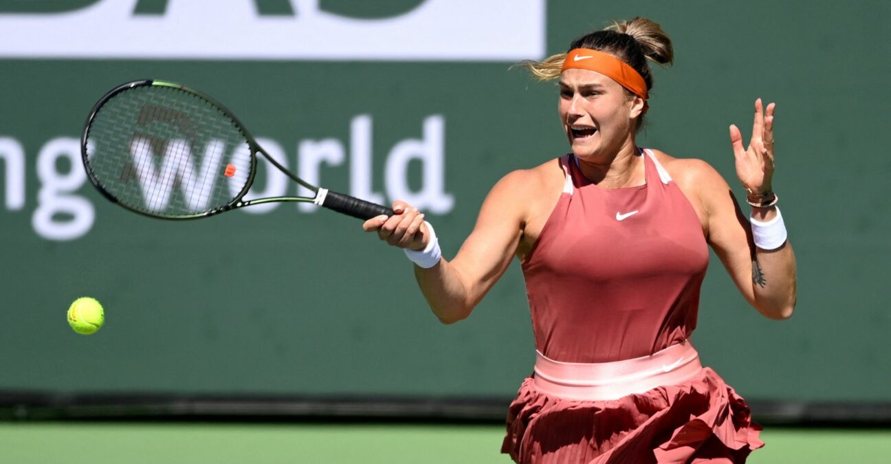 Aryna Sabalenka plays against Jasmine Paolini at the BNP Paribas open at the Indian Wells Tennis Garden.