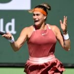 Aryna Sabalenka plays against Jasmine Paolini at the BNP Paribas open at the Indian Wells Tennis Garden.