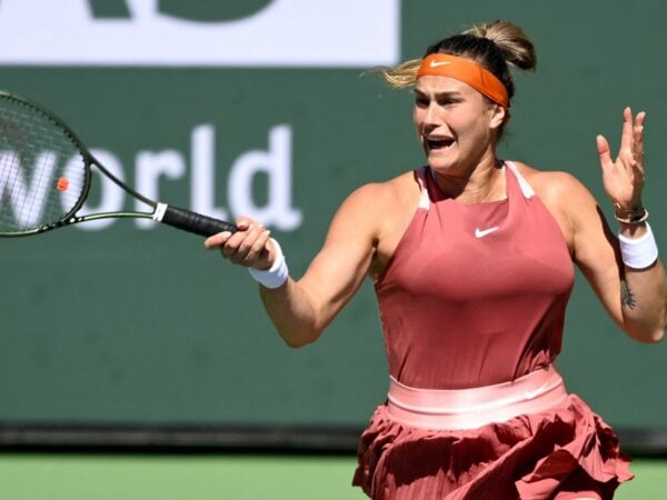 Aryna Sabalenka plays against Jasmine Paolini at the BNP Paribas open at the Indian Wells Tennis Garden.