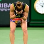 Maria Sakkari (GRE) is overcome with emotion after defeating Paula Badosa (ESP) in her semifinal match during the BNP Paribas Open at the Indian Wells Tennis Garden.