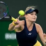 Dayana Yastremska (UKR) hits a shot during her first round match against Caroline Garcia (not pictured) at the BNP Paribas Open at Indian Wells Tennis Garden.