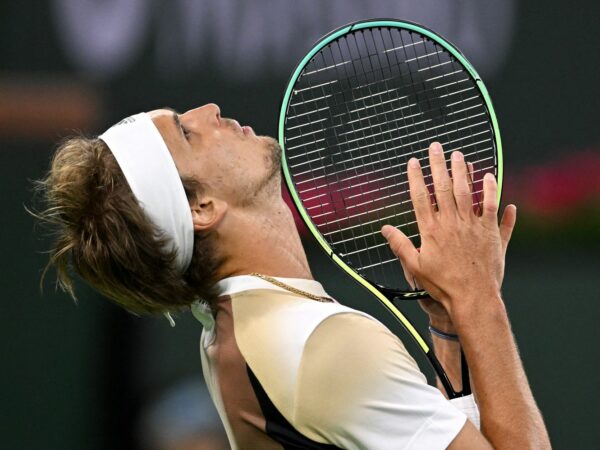 Alexander Zverev (GER) reacts after missing a point in his second round match against Tommy Paul (USA) at the BNP Paribas Open at the Indian Wells Tennis Garden.
