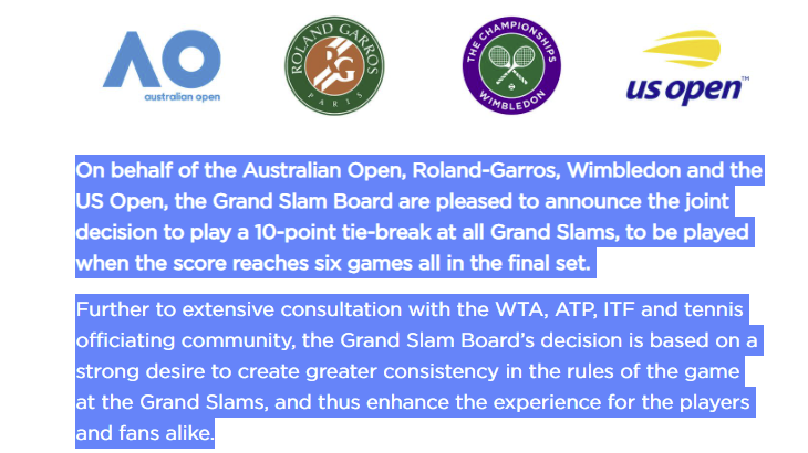 Grand Slams to unify final-set tiebreak rules with 10-point tiebreak at 6-6  %%page%% - Tennis Majors Tennis: Grand Slams unify tiebreak rules