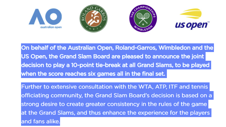 Slams to trial 10-point tiebreak in final set starting with Roland Garros