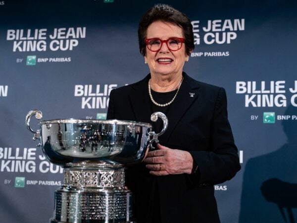 Tennis legend Billie Jean King with the trophy for the Billie Jean King Cup Finals