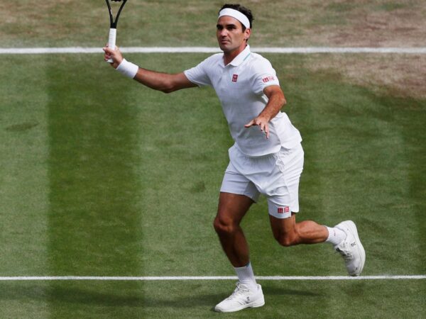 Switzerland's Roger Federer in action during his quarter final match against Poland's Hubert Hurkacz at Wimbledon in 2021