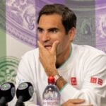 Switzerland's Roger Federer during a press conference after losing his quarter final match at Wimbledon in 2021