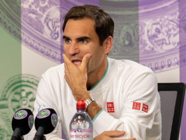 Switzerland's Roger Federer during a press conference after losing his quarter final match at Wimbledon in 2021