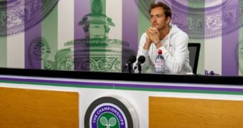 Russia's Daniil Medvedev during a press conference at Wimbledon in 2021