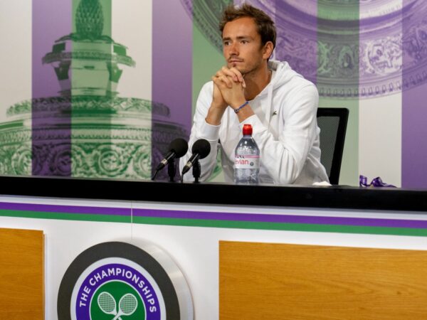 Russia's Daniil Medvedev during a press conference at Wimbledon in 2021