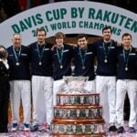 The winning Russian team with the trophy at the 2021 Davis Cup Finals in Madrid