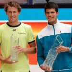 Casper Ruud (L) and Carlos Alcaraz (R) after their men's singles final in the Miami Open at Hard Rock Stadium.