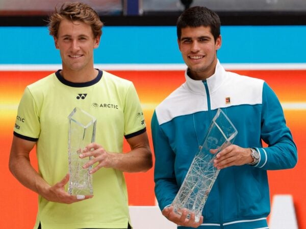 Casper Ruud (L) and Carlos Alcaraz (R) after their men's singles final in the Miami Open at Hard Rock Stadium.