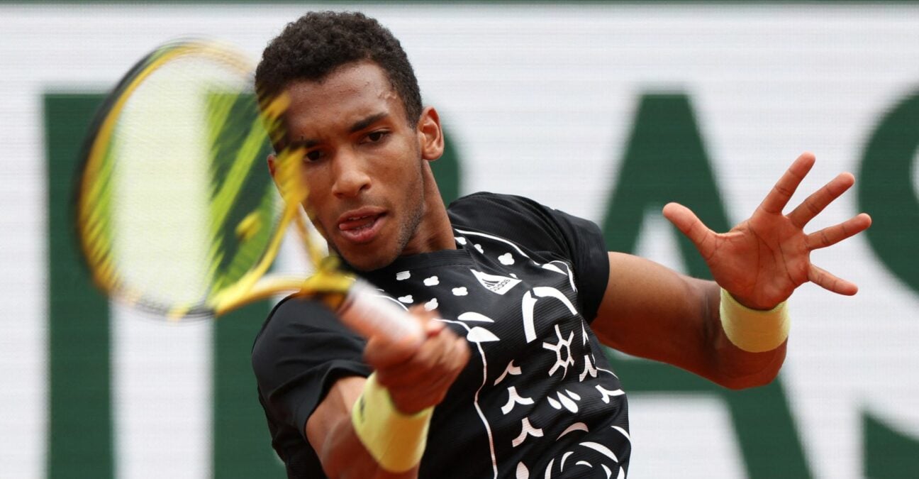 Canada's Felix Auger-Aliassime in action during his first round match against Peru's Juan Pablo Varillas