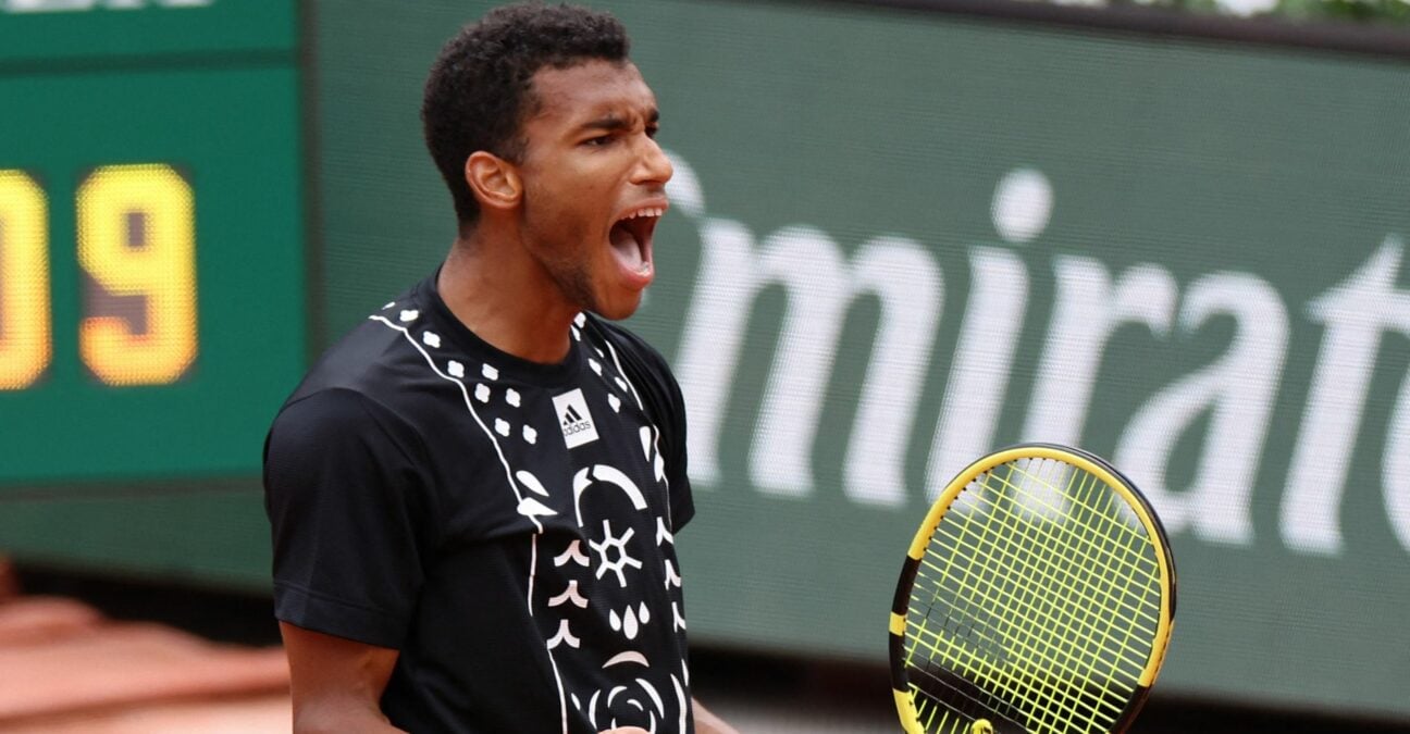 Canada's Felix Auger-Aliassime celebrates during his first round match against Peru's Juan Pablo Varillas at the French Open
