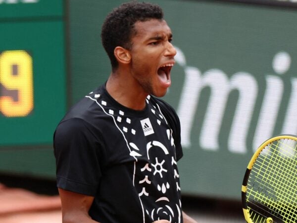 Canada's Felix Auger-Aliassime celebrates during his first round match against Peru's Juan Pablo Varillas at the French Open