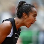 Canada's Leylah Annie Fernandez reacts during her fourth round match against Amanda Anisimova of the U.S. at the French Open