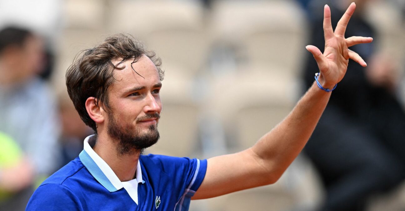 Russia's Daniil Medvedev celebrates after winning his first round match against Argentina's Facundo Bagnis at Roland-Garros