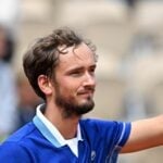 Russia's Daniil Medvedev celebrates after winning his first round match against Argentina's Facundo Bagnis at Roland-Garros