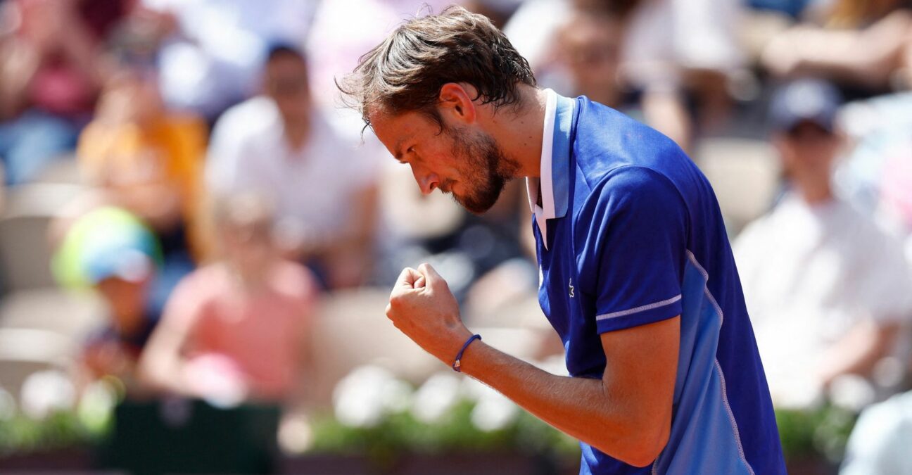 Russia's Daniil Medvedev celebrates after winning his third round match against Serbia's Miomir Kecmanovic at the French Open