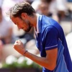 Russia's Daniil Medvedev celebrates after winning his third round match against Serbia's Miomir Kecmanovic at the French Open