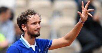 Russia's Daniil Medvedev celebrates after winning his first round match against Argentina's Facundo Bagnis at Roland-Garros