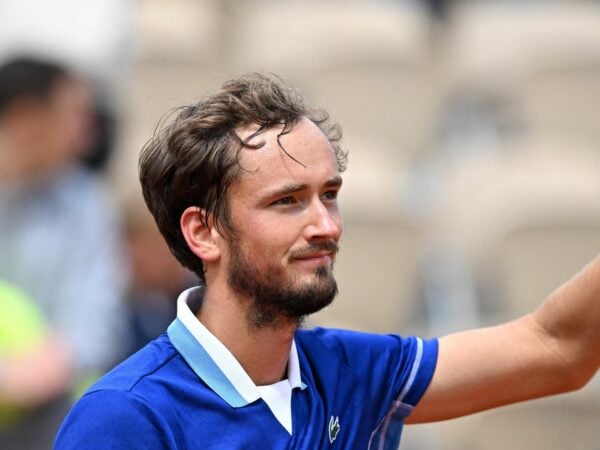 Russia's Daniil Medvedev celebrates after winning his first round match against Argentina's Facundo Bagnis at Roland-Garros