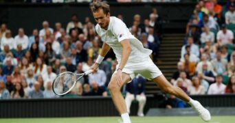 Russia's Daniil Medvedev in action during his fourth round match at Wimbledon