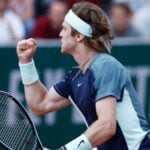 Russia's Andrey Rublev reacts during his third round match against Chile's Cristian Garin at the French Open