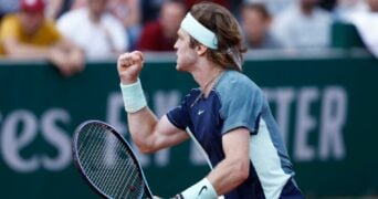 Russia's Andrey Rublev reacts during his third round match against Chile's Cristian Garin at the French Open