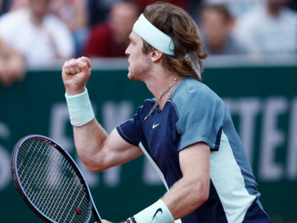 Russia's Andrey Rublev reacts during his third round match against Chile's Cristian Garin at the French Open